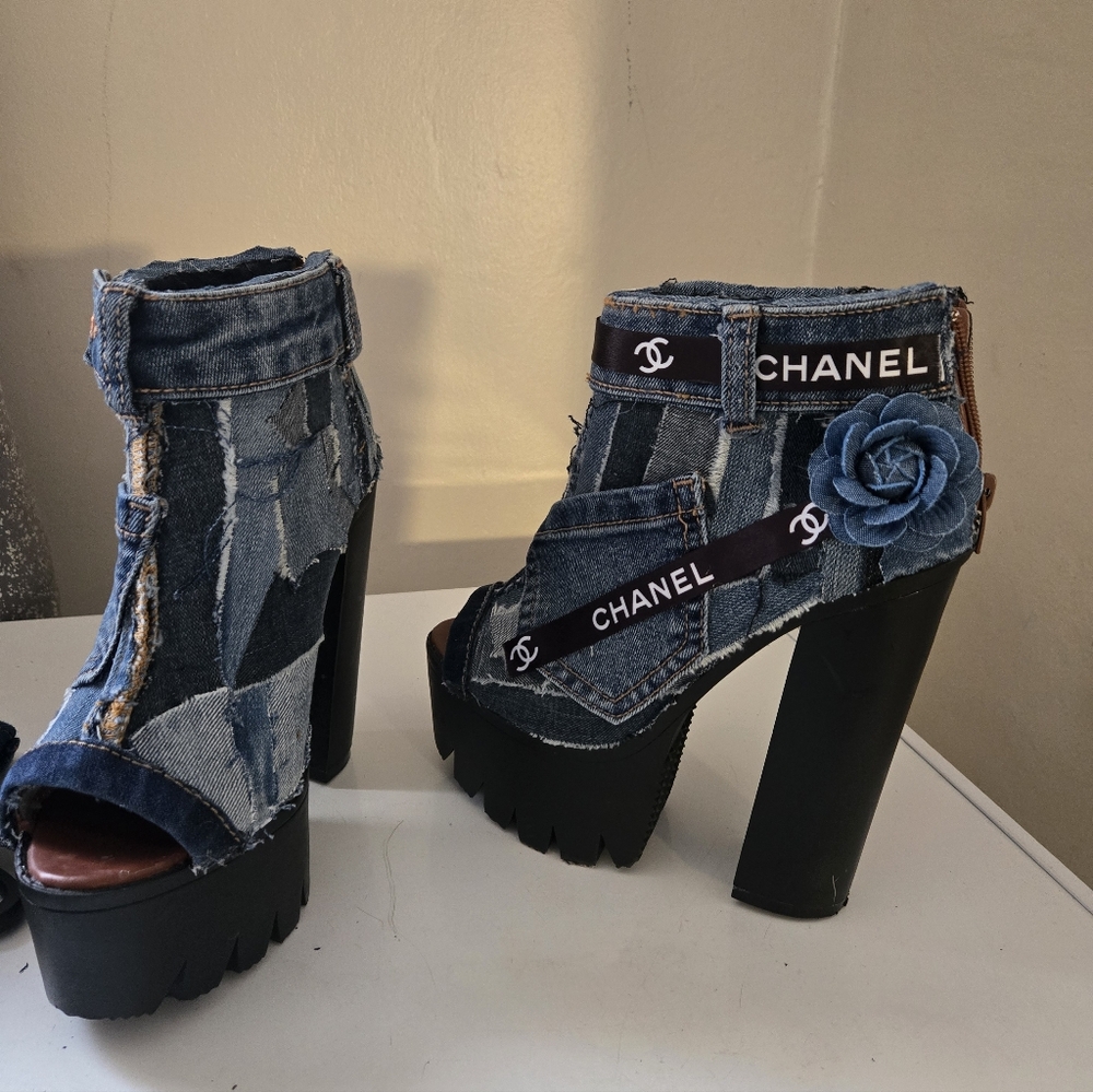 Upcycled Denim Camellia Platform Ankle Boots - Blue - Picture 2 of 6